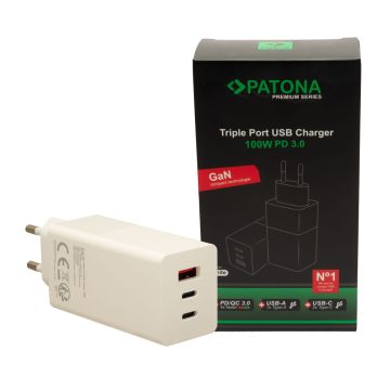   PATONA Premium GaN PD 100 W-os Adapter 2xUSB-C 1xUSB-A PD3.0 QC3.0 (2647)